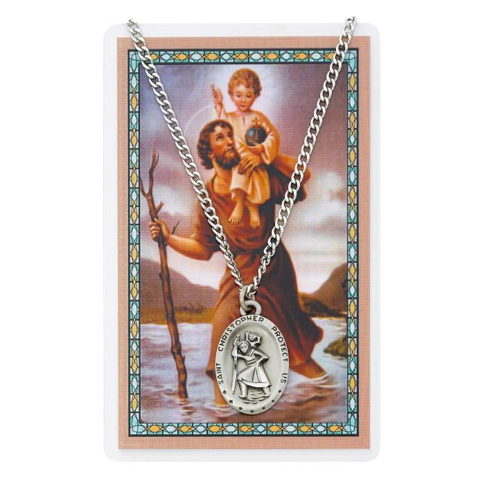 St. Christopher Oval Pewter Pendant Necklace w/ Prayer Card - 24" Chain - Saint-Mike.org