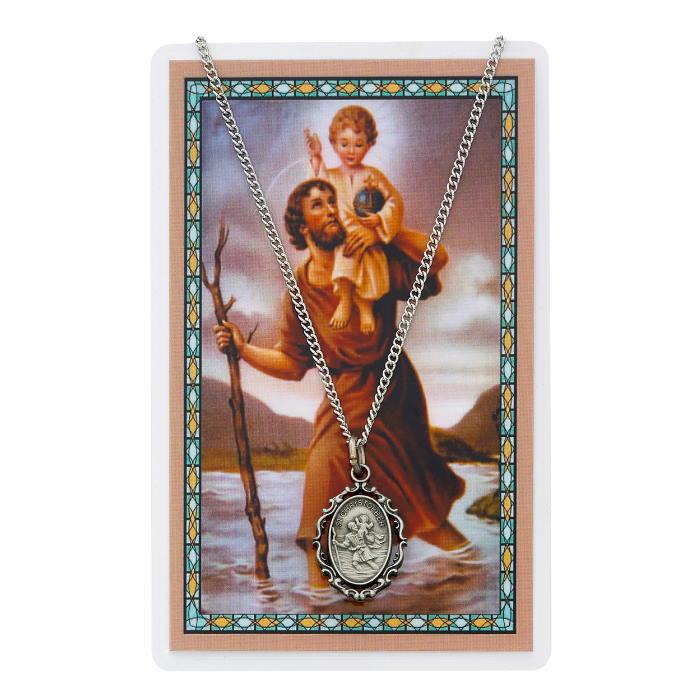 St. Christopher Ornate Oval Pendant Necklace w/ Prayer Card - 18" Chain - Saint-Mike.org