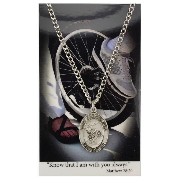 St. Christopher Boys Biking Medal Necklace w/ Prayer Card - 24" Chain - Saint-Mike.org