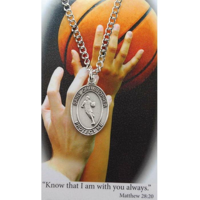 St. Christopher Boys Basketball Medal Necklace w/ Prayer Card - 24" Chain - Saint-Mike.org