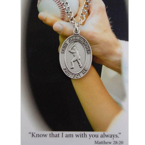 St. Christopher Boys Baseball Medal Necklace w/ Prayer Card - 24" Chain - Saint-Mike.org