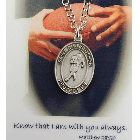 St. Christopher Boys Football Medal Necklace w/ Prayer Card - 24" Chain - Saint-Mike.org