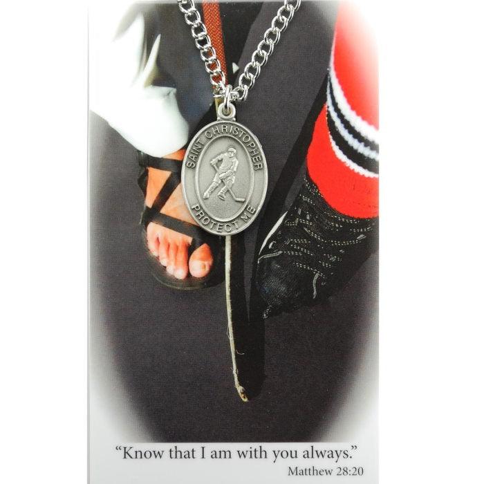 St. Christopher Boys Hockey Medal Necklace w/ Prayer Card - 24" Chain - Saint-Mike.org