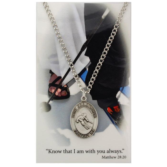 St. Christopher Boys Skiing Medal Necklace w/ Prayer Card - 24" Chain - Saint-Mike.org