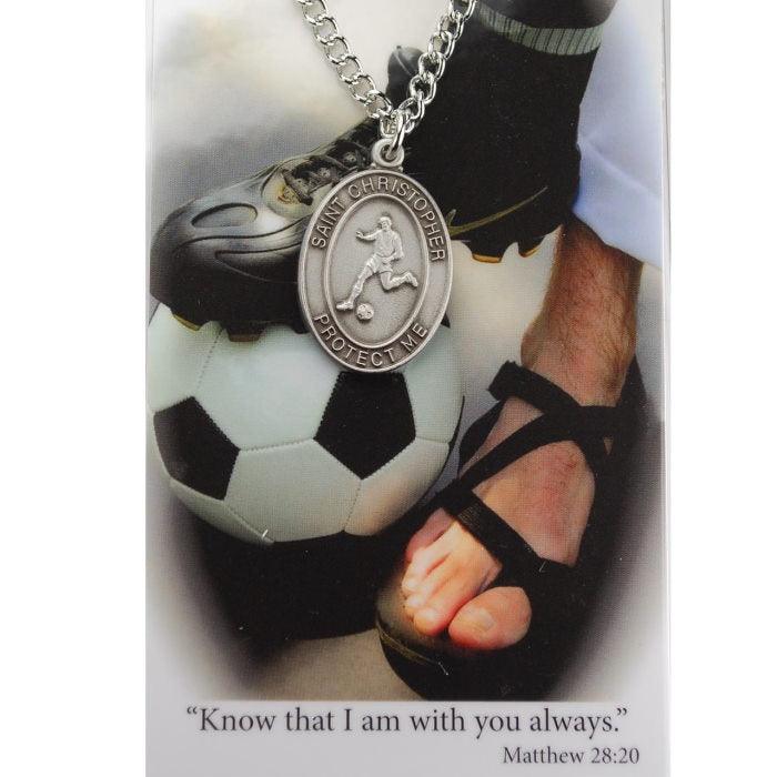 St. Christopher Boys Soccer Medal Necklace w/ Prayer Card - 24" Chain - Saint-Mike.org