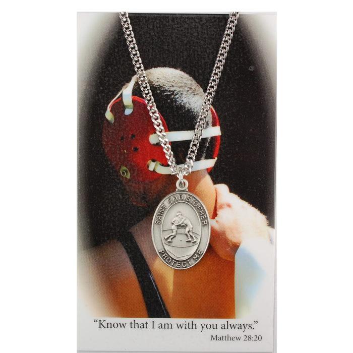 St. Christopher Boys Wrestling Medal Necklace w/ Prayer Card - 24" Chain - Saint-Mike.org