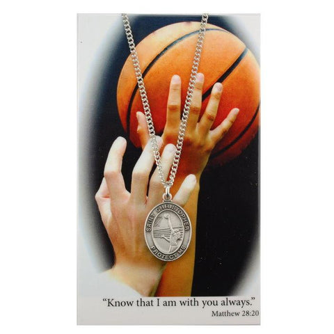 St. Christopher Girls Basketball Medal Necklace w/ Prayer Card - 18" Chain - Saint-Mike.org