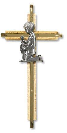 First Communion Boy Oak Cross w/ Brass Inlay (2 pack) - 7" H - Saint-Mike.org