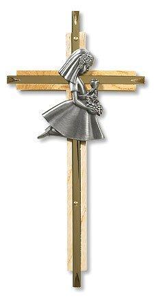 First Communion Girl Oak Cross w/ Brass Inlay (2 pack) - 7" H - Saint-Mike.org