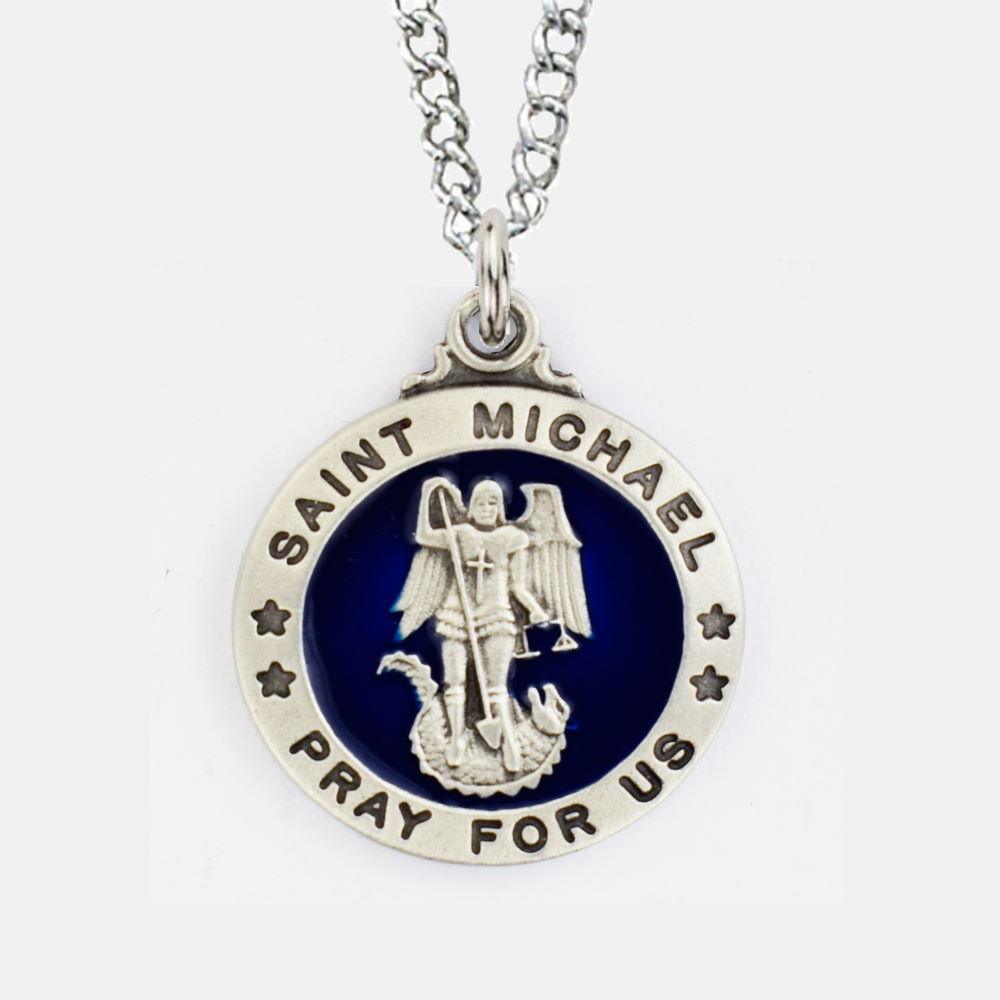 Pewter St. Michael Blue Circle Police Pendant - 20" Chain - Saint-Mike.org