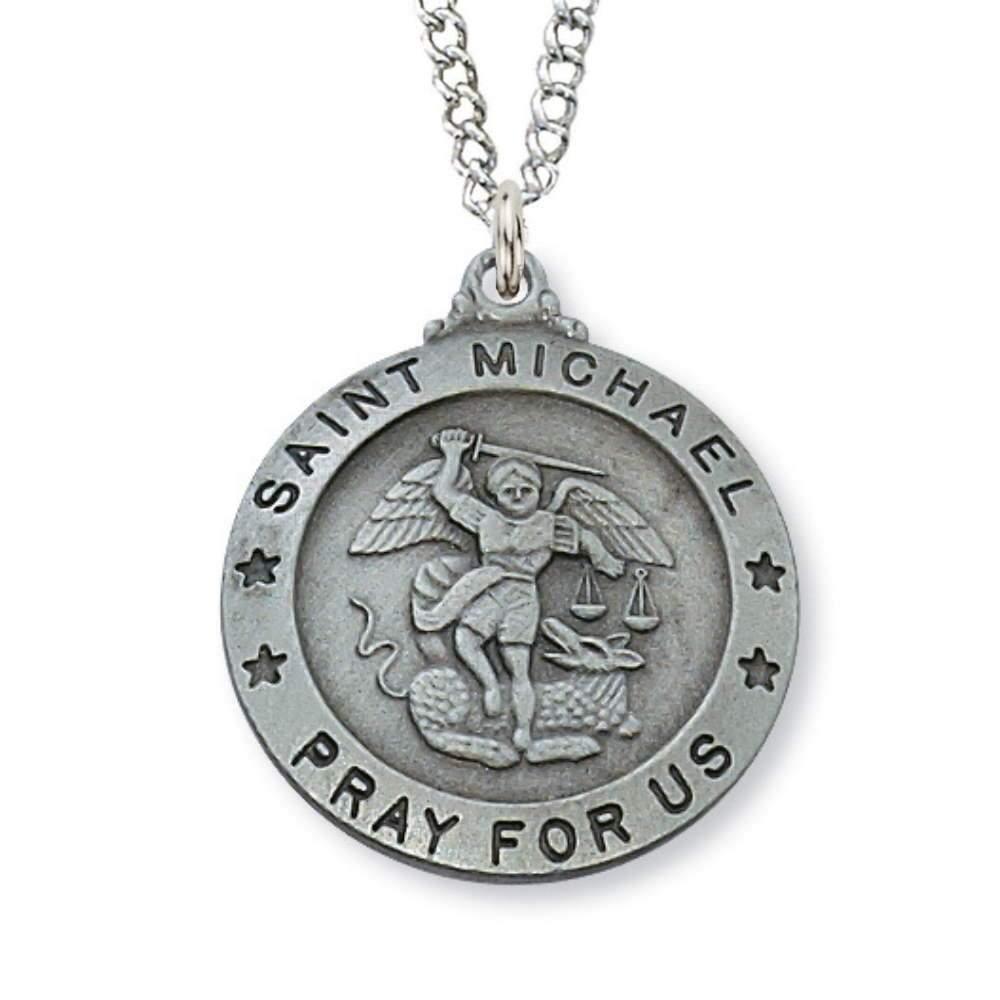 Pewter St. Michael Medal Circle Pendant - 24" Chain - Saint-Mike.org