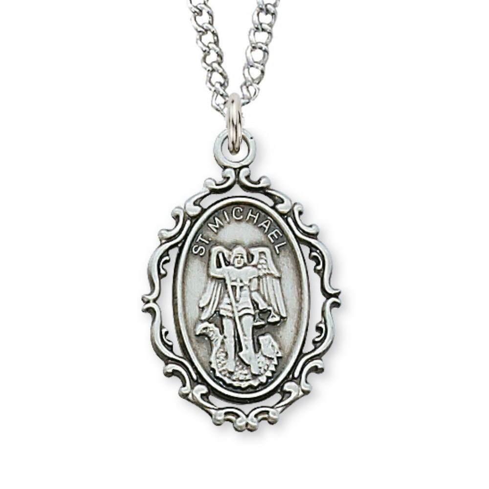 Pewter St. Michael Ornate Oval Pendant - 18 inch Chain - Saint-Mike.org