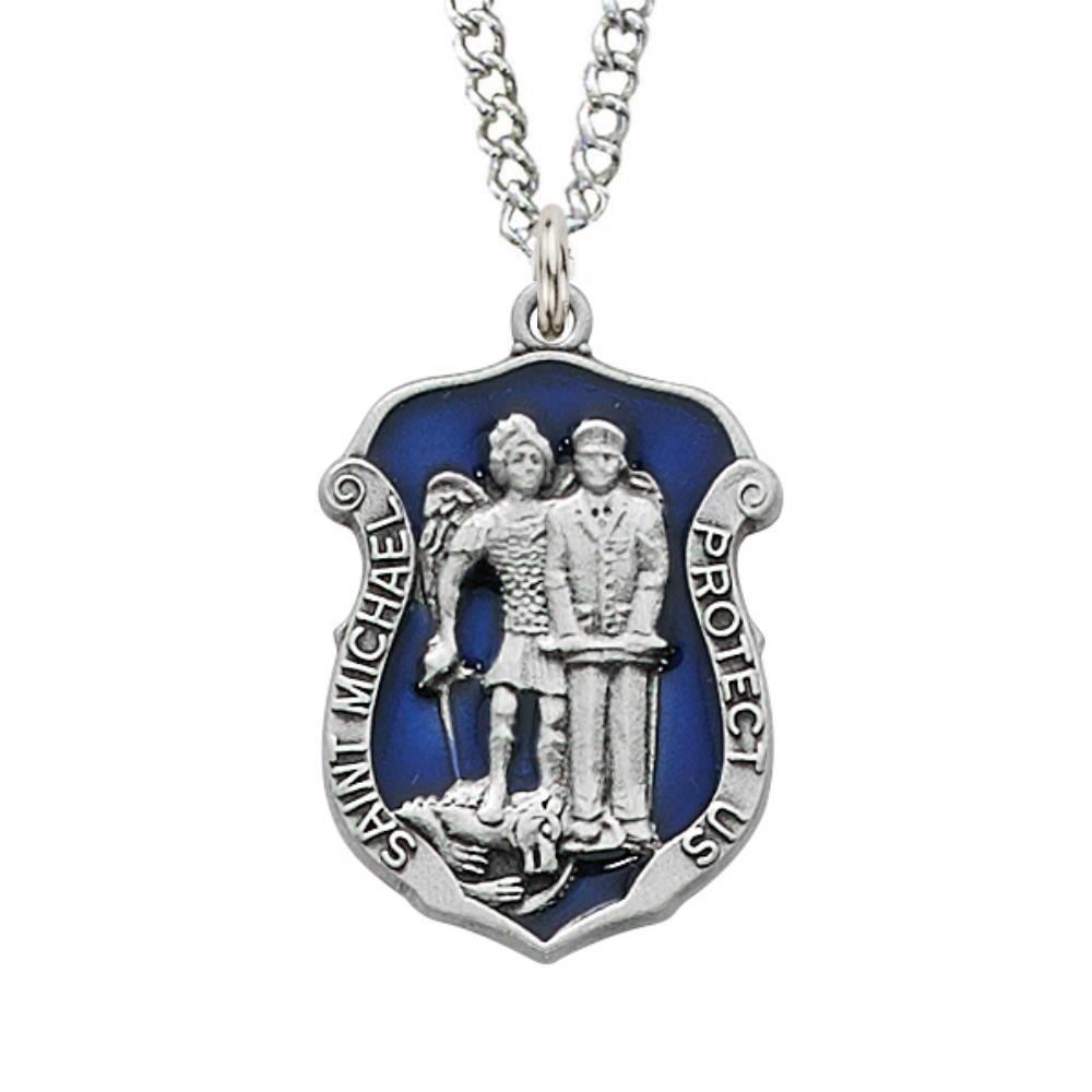 Pewter St. Michael Pendant Blue Police Badge - 24" Chain - Saint-Mike.org