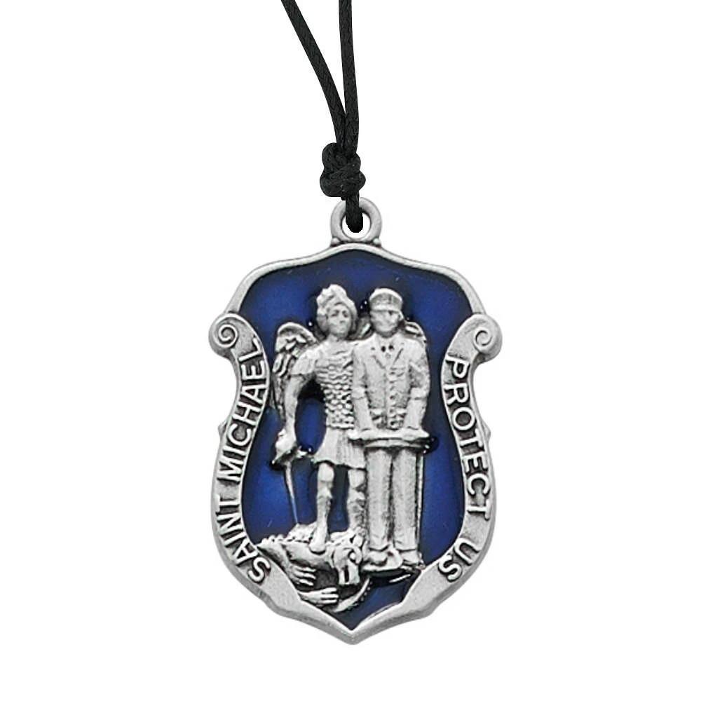 Pewter St. Michael Pendant Blue Police Badge - Cord Necklace - Saint-Mike.org
