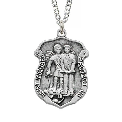 Pewter St. Michael Pendant Police Badge - 24" Chain - Saint-Mike.org