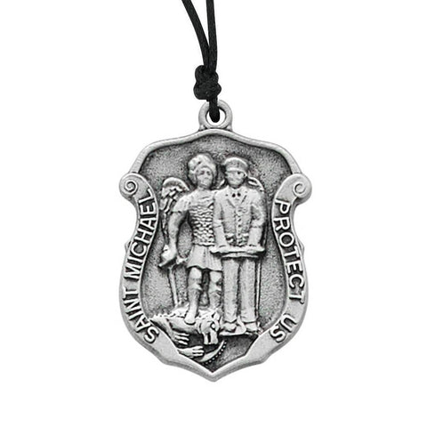 Pewter St. Michael Pendant Police Badge - Cord Necklace - Saint-Mike.org