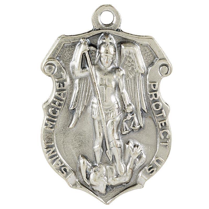Police Badge St. Michael Pendant Pewter Necklace - 24" Chain - Saint-Mike.org