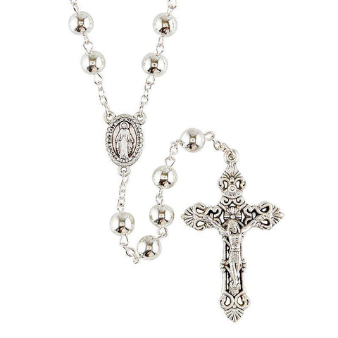 Polished Silver Metal Bead Rosary (Terni Collection) - Multiple Size Beads - Saint-Mike.org