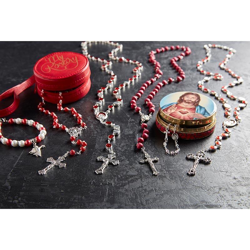 Red Bead Wood Rosary with Madonna and Child Medal - 7mm Bead - Saint-Mike.org