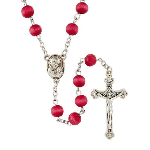 Red Bead Wood Rosary with Madonna and Child Medal - 7mm Bead - Saint-Mike.org