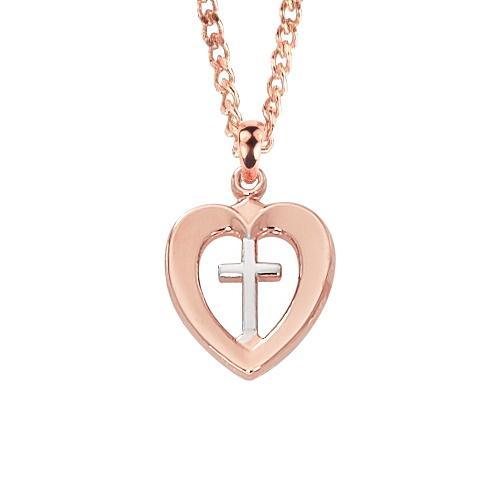 Rose Gold Heart Necklace with Small Sterling Cross Inside - 18" Chain - Saint-Mike.org