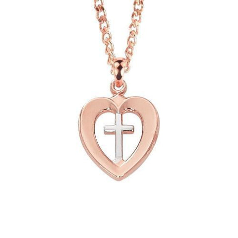 Rose Gold Heart Necklace with Small Sterling Cross Inside - 18" Chain - Saint-Mike.org