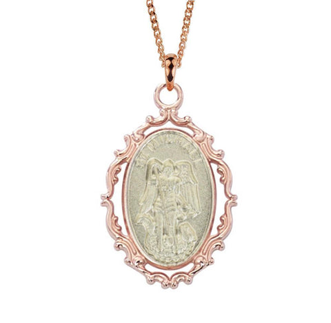 Rose Gold St Michael Medal Necklace - 18" Chain - Saint-Mike.org