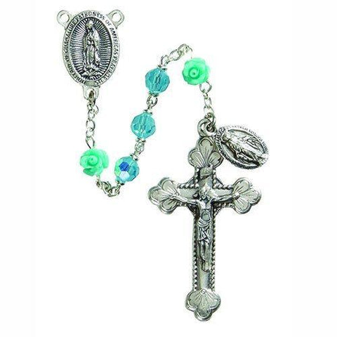 Our Lady of Guadalupe Austrian Crystal Rose Aqua Bead Rosary - 6mm Bead - Saint-Mike.org