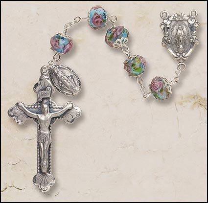 Italian Hand-Painted Glass Rosary (Aqua) - 8x10mm Bead - Saint-Mike.org