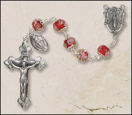 Italian Hand-Painted Glass Rosary (Ruby) - 8x10mm Bead - Saint-Mike.org