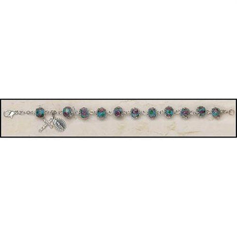 Italian Hand-Painted Glass Rosary Bracelet (Aqua) - 8x10mm Bead - Saint-Mike.org