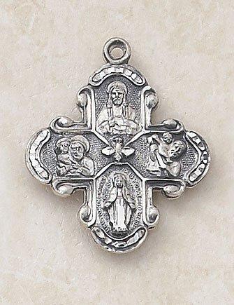 Sterling Silver Four Way Medal Pendant Necklace - 24" Chain - Saint-Mike.org