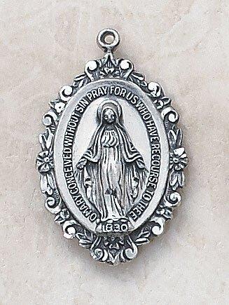 Sterling Silver Ornate Oval Miraculous Medal Necklace - 18" Chain - Saint-Mike.org