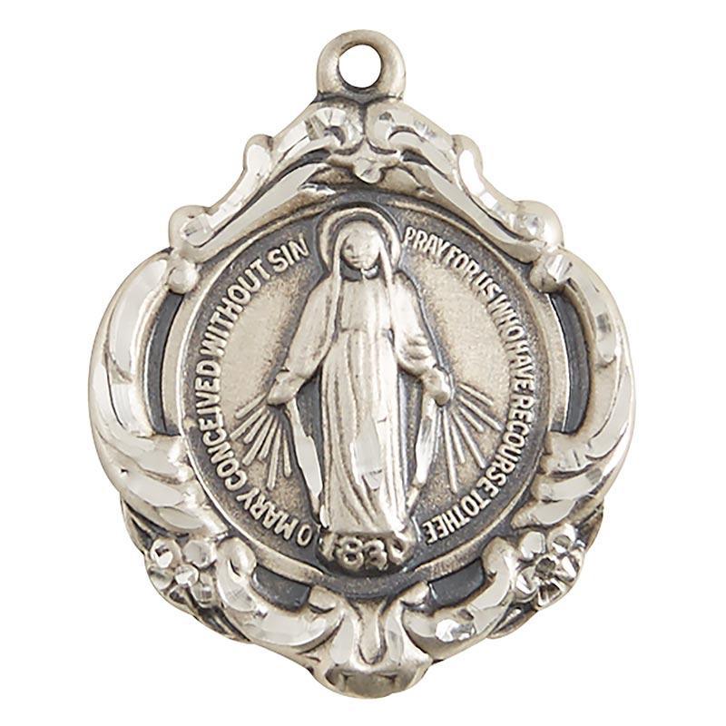 Ornate Sterling Silver Miraculous Medal Necklace - 18" Chain - Saint-Mike.org