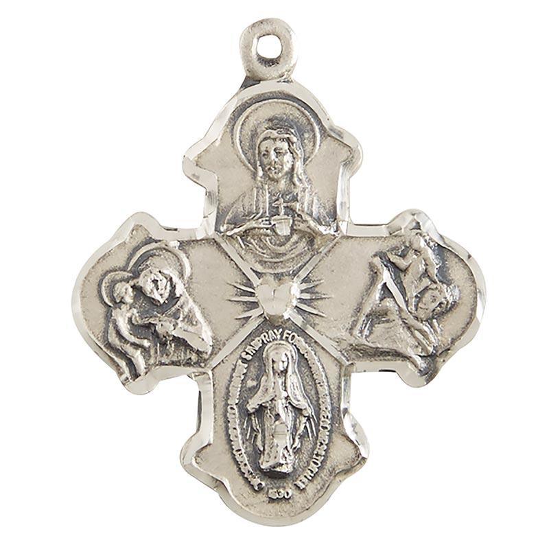 Sterling Silver Four Way Medal Necklace - 24" Chain - Saint-Mike.org