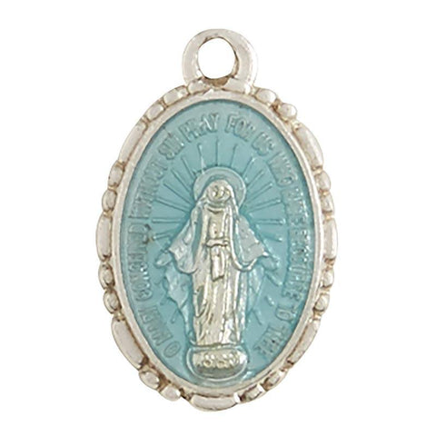 Small Miraculous Medal Necklace Blue Sterling Silver - 18" Chain - Saint-Mike.org