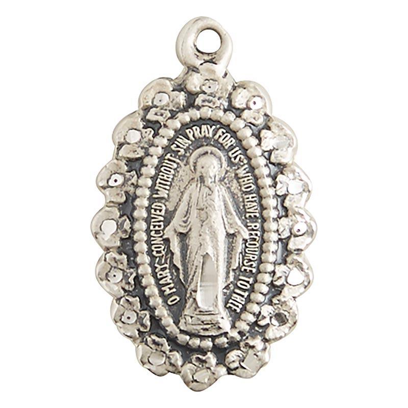 Miraculous Medal Flower Edge Sterling Silver Necklace - 18" Chain - Saint-Mike.org