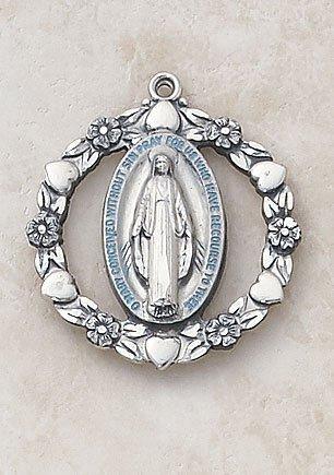 Sterling Silver Blue Miraculous Medal Necklace - 24" Chain - Saint-Mike.org