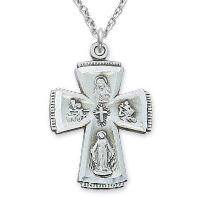 Silver Cross Necklace Four-way Medal Chain 1.25" Pendant - 24" Chain - Saint-Mike.org