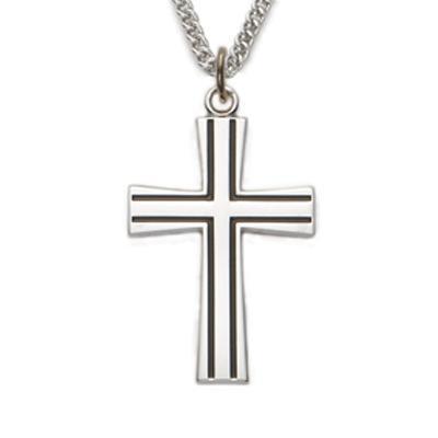 Silver Cross Pendant Necklace for Men Black Fill Lines -24" Chain - Saint-Mike.org