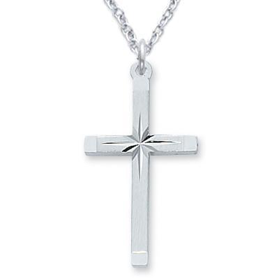 Skinny Cross Necklace Women's Sterling Starburst Cuts 1.125" Pendant - 18" Chain - Saint-Mike.org