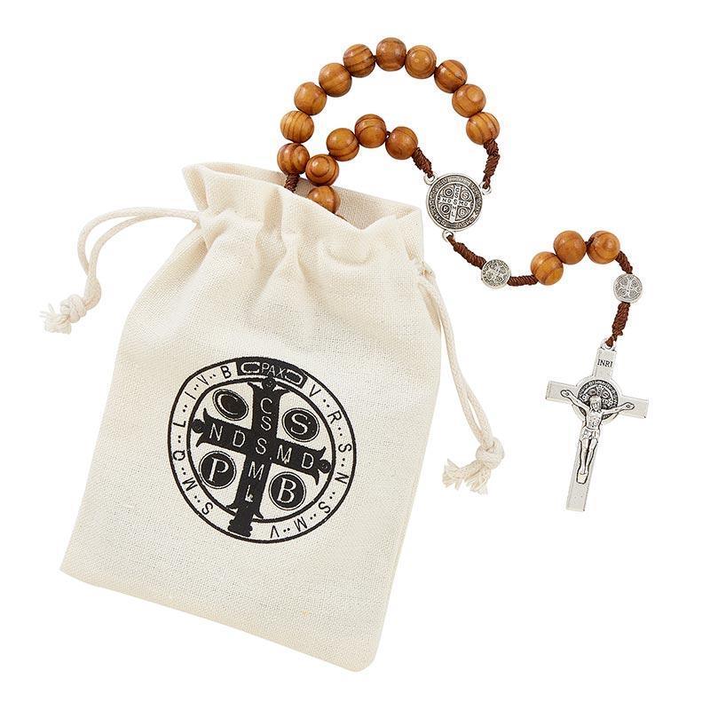 St Benedict Brown Paracord Wood Rosary - 8mm Bead - Saint-Mike.org