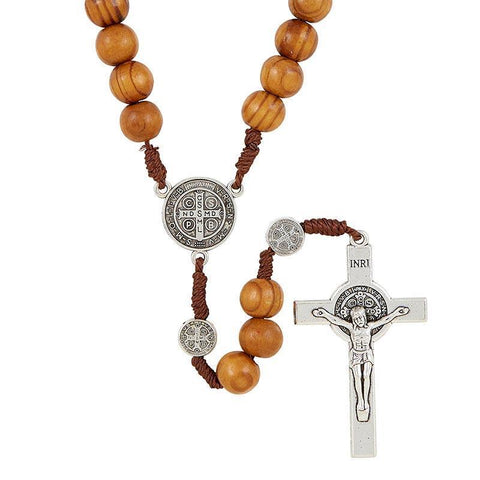 St Benedict Brown Paracord Wood Rosary - 8mm Bead - Saint-Mike.org