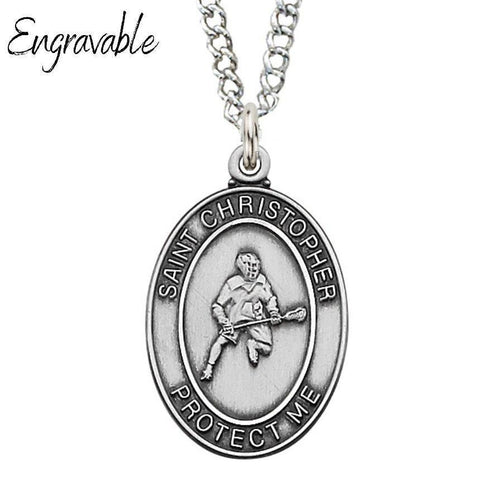 St. Christopher Lacrosse 1.125" Sterling Silver Pendant - 24" Chain - Saint-Mike.org