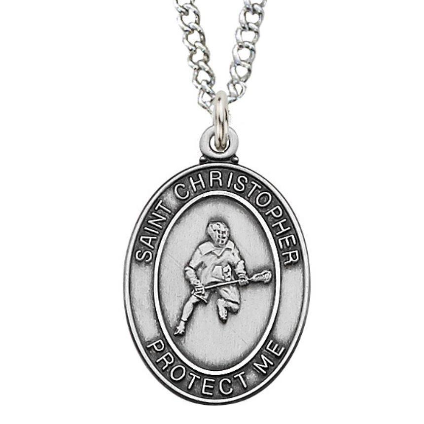St. Christopher Lacrosse Medal Necklace - 24" Chain - Saint-Mike.org