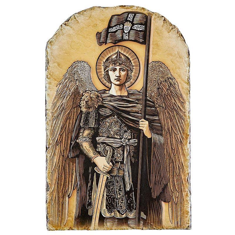 St Michael Arched Tile Plaque with Wire Stand (Marco Sevelli Collection) - 8.5" H - Saint-Mike.org