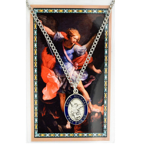 St. Michael Prayer Card with Blue Oval Pendant - 24" Chain - Saint-Mike.org