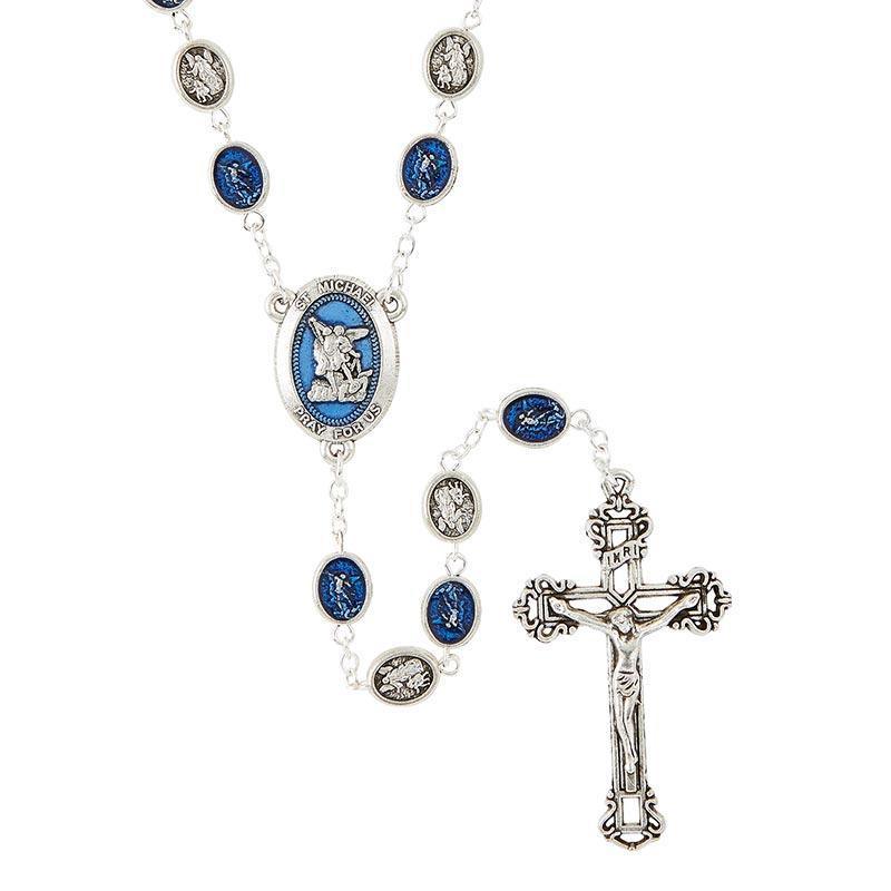 St. Michael Silver Plated Blue Enamel Rosary (Venetian Collection) - 7x10mm Bead - Saint-Mike.org