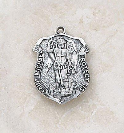 St. Michael Sterling Silver Police Badge Necklace - 20" Chain - Saint-Mike.org