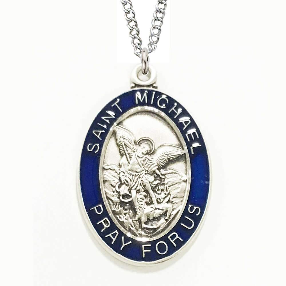 Sterling Blue St. Michael Oval Pendant - 24" Chain - Saint-Mike.org
